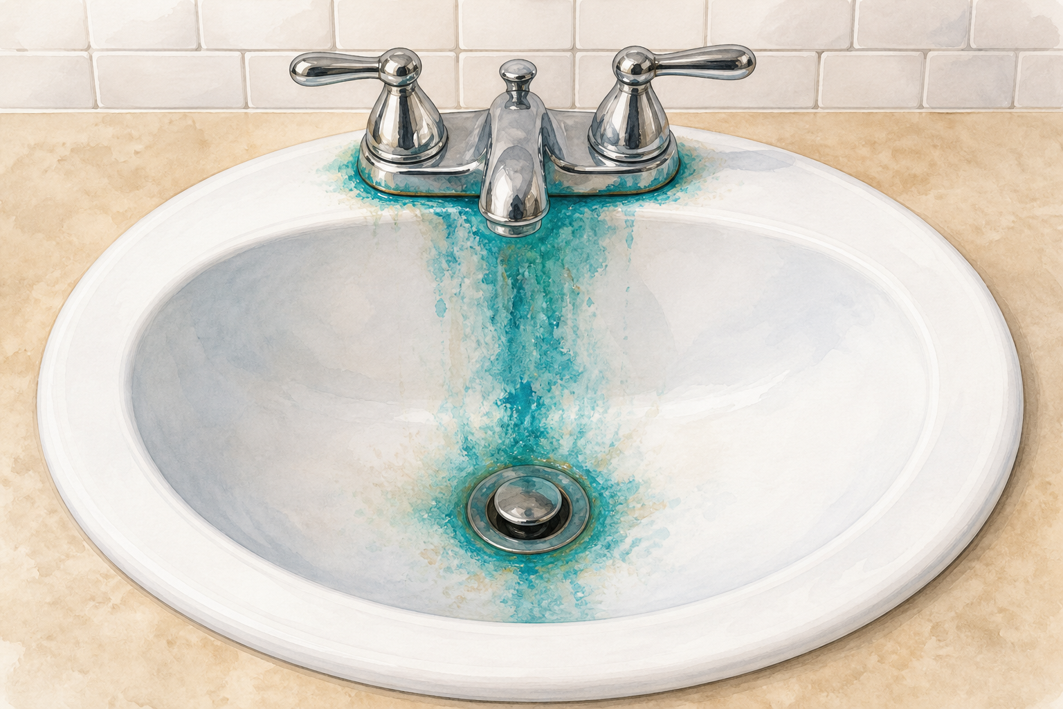 Illustrated white sink with blue-green copper stains at the faucet, bowl, and drain.
