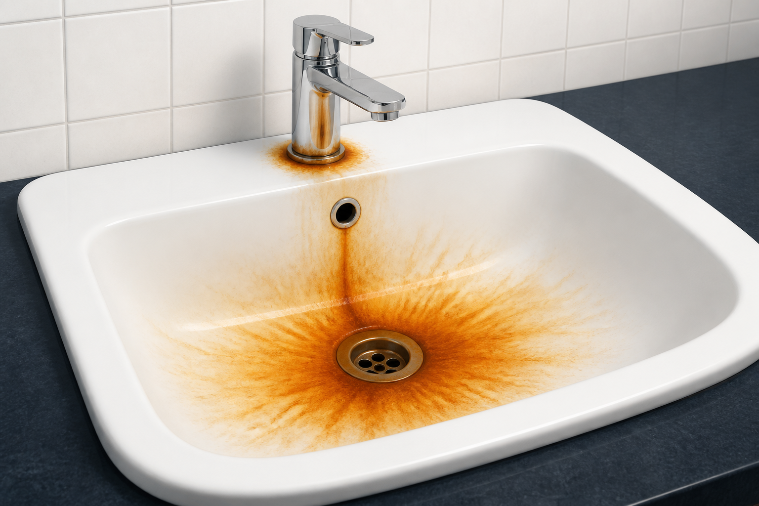 Illustrated porcelain sink with rusty-orange iron stains around the faucet base, overflow hole, and drain.