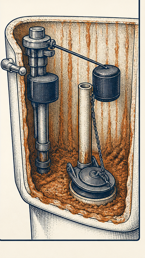 Illustrated toilet-tank interior with rusty-orange slime on the walls and floor.