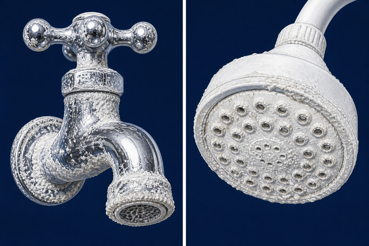 Illustrated chrome faucet and showerhead coated in chalky white hardness scale.